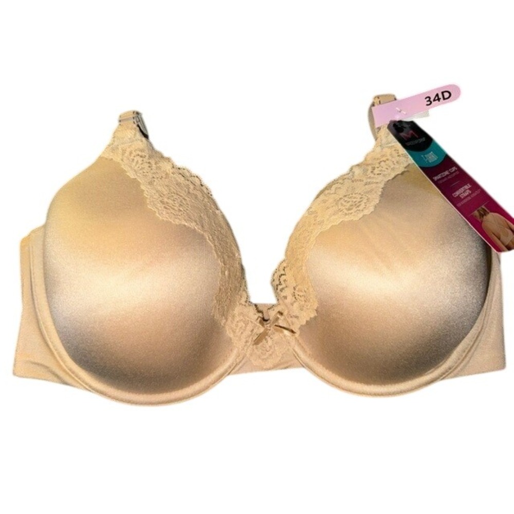 Maidenform Comfort Devotion T-Shirt Bra 34D Beige Lace Trim‎ Convertible  NEW